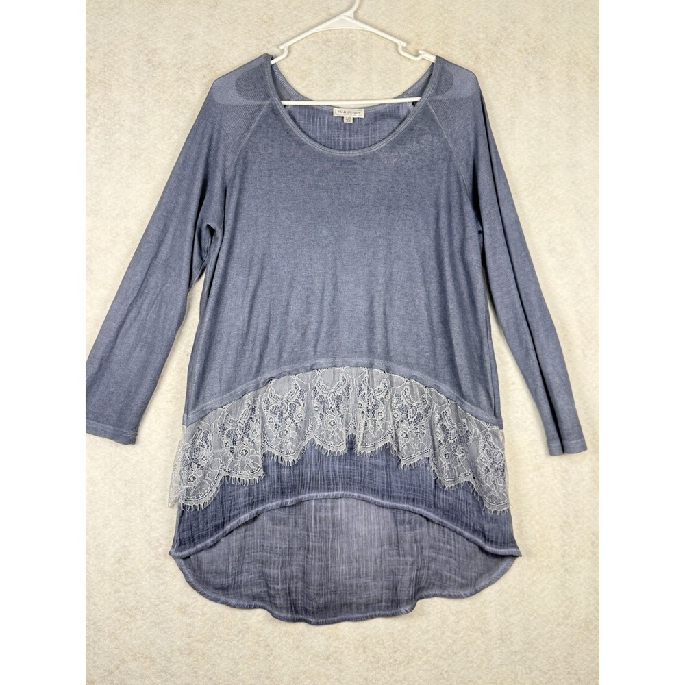 Fitz & Ginger Womens Large Blue Lace Hem High Low Long Sleeve Tunic Top L